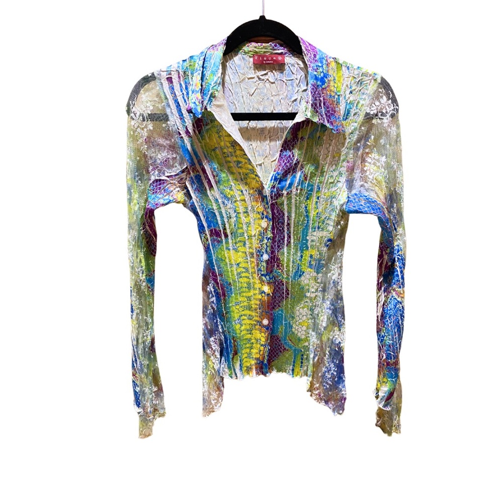 Vintage tie dye crinkle button down with lace